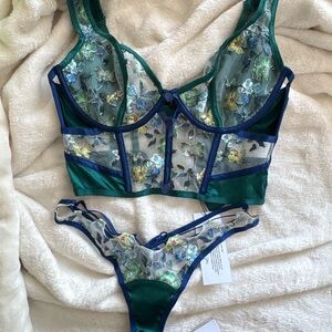For Love and Lemons Green & Navy Sheer Embroidered Bustier Set